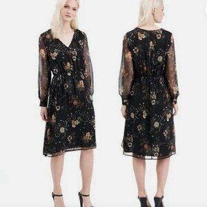 Topshop Womens Midi Dress Size 8 Black Floral Sheer Sleeve Whimsigoth Dark Fairy